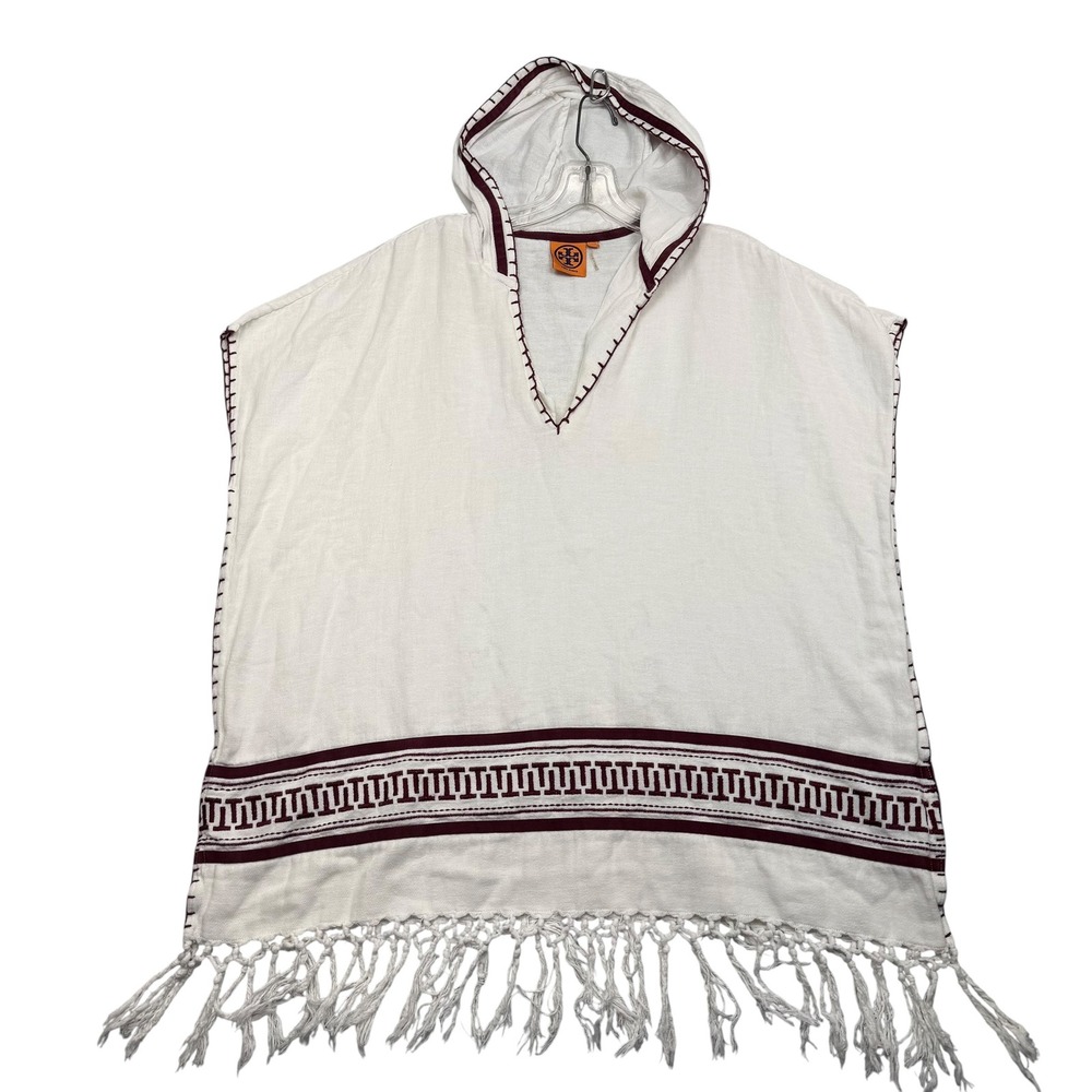 Tory Burch Hooded Poncho Women XS/S White Burgundy Fringe Embroidered Cover Up